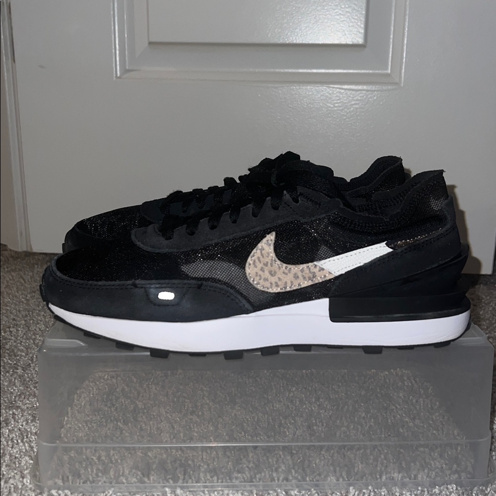 Black and White Sneakers with Animal Print Swoosh